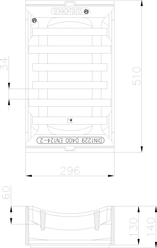 Straßenaufs. Guss/Guss, Elcord, Rinnenf. Kl. C250 = 25to, 300x500mm, mit Einlage