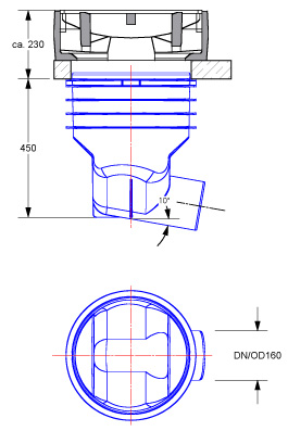 Straßenablauf Boden mit Auslauf DN160 Romold GRI 40.50.50.15/45BI, 500x500mm
