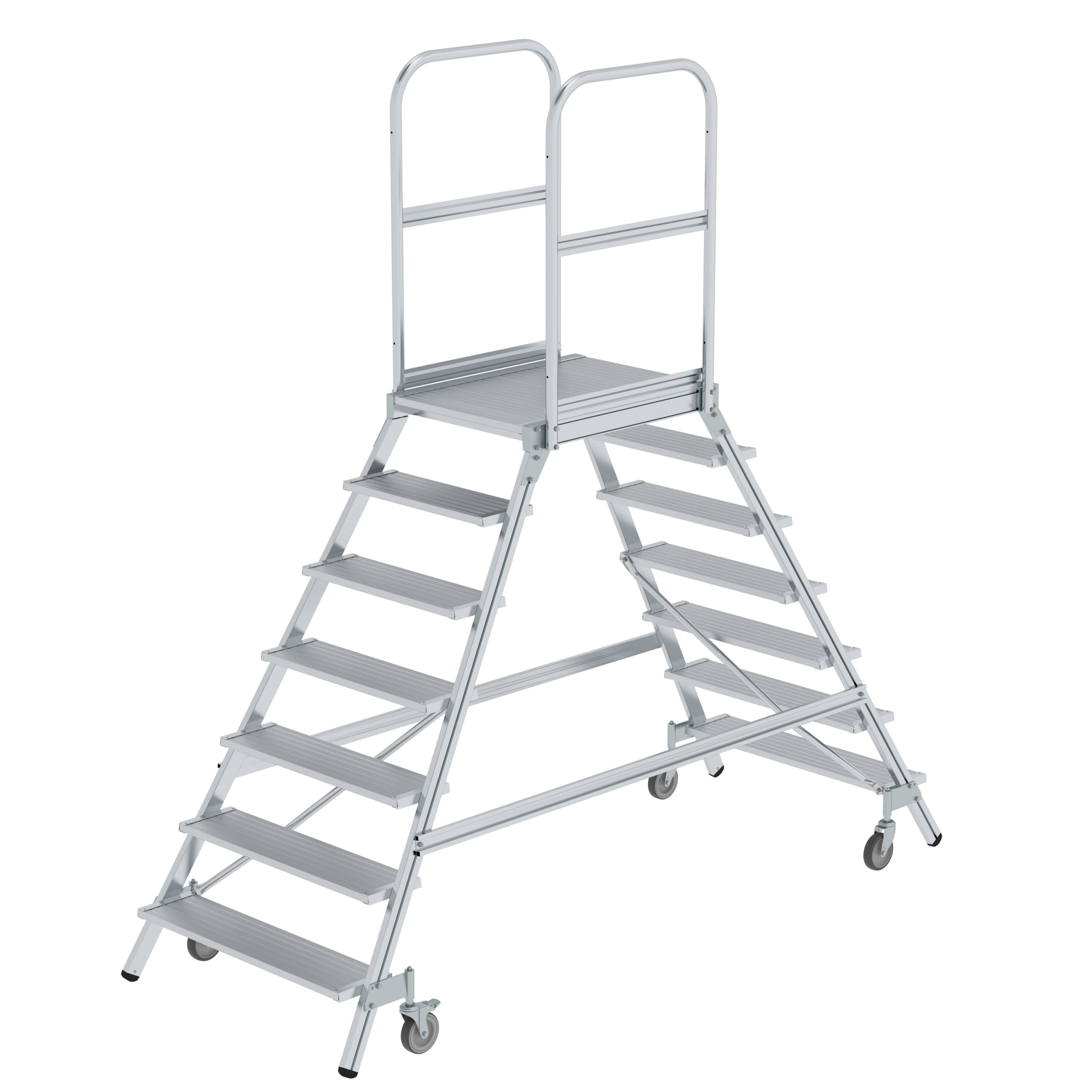 MUNK Podesttreppe beidseitig begehbar mit Federrollen Aluminium geriffelt