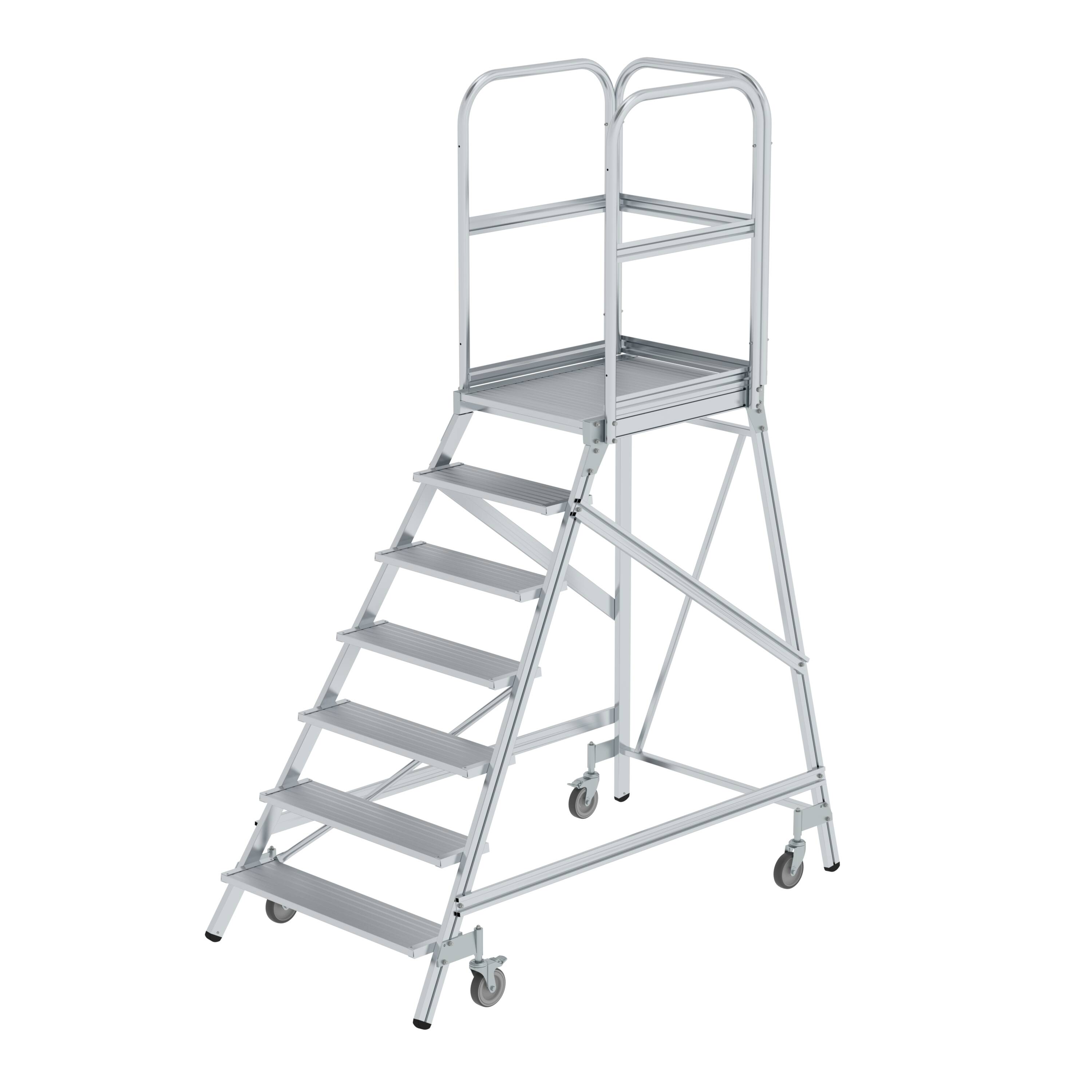 MUNK Podesttreppe einseitig begehbar mit Federrollen Aluminium geriffelt