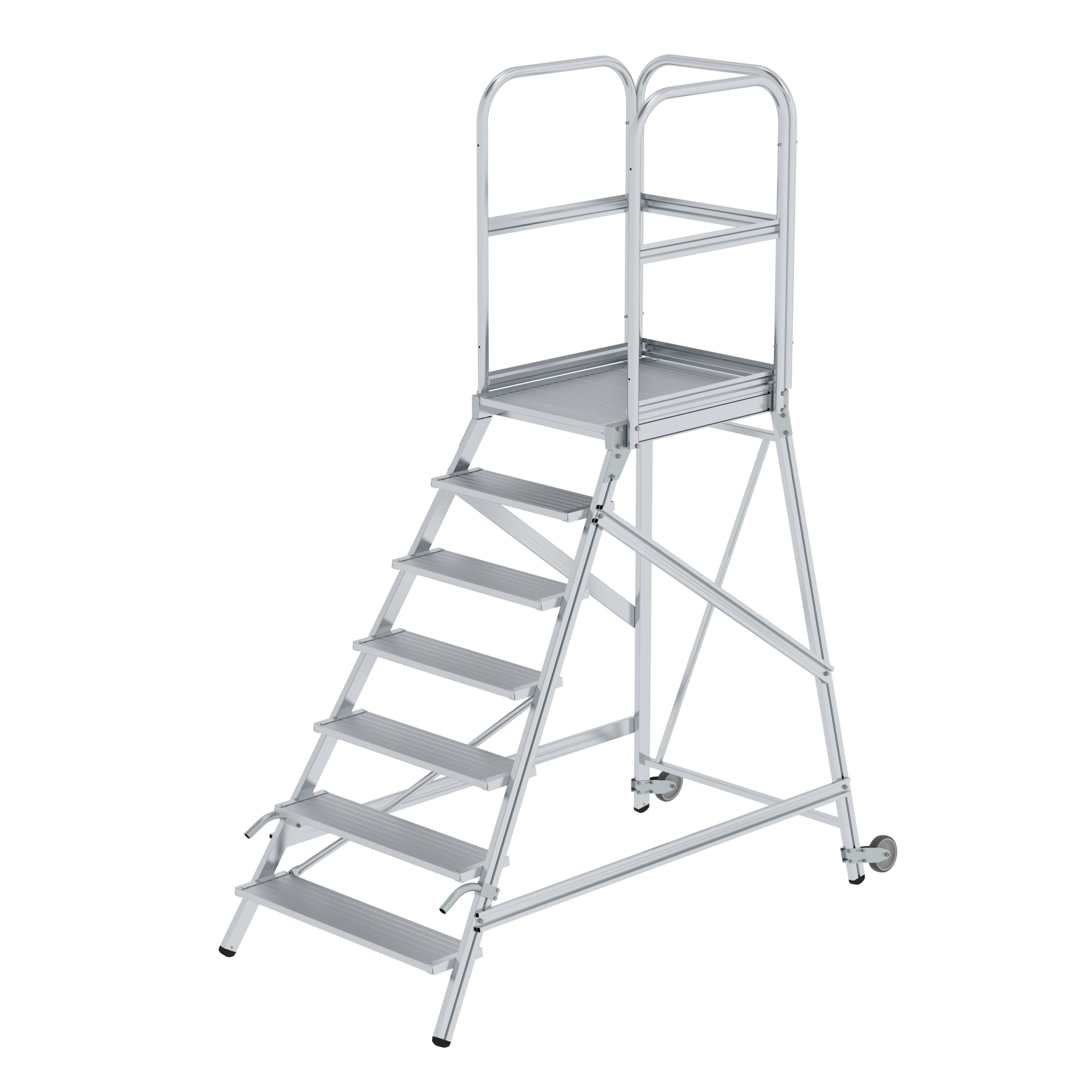 MUNK Podesttreppe einseitig begehbar mit Rollen und Griffen Aluminium geriffelt