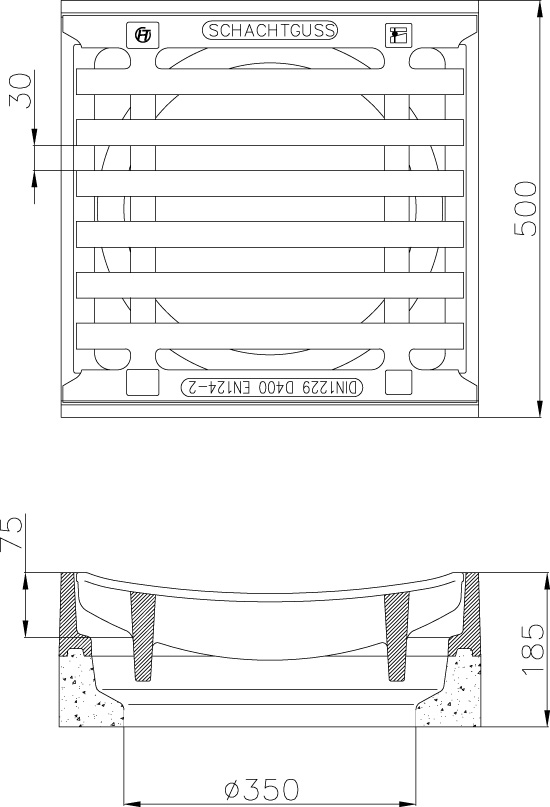 Straßenaufs. Beton/Guss, eckig, Rinnenf. Kl. C250 = 25to, 500x500mm, mit Einlage
