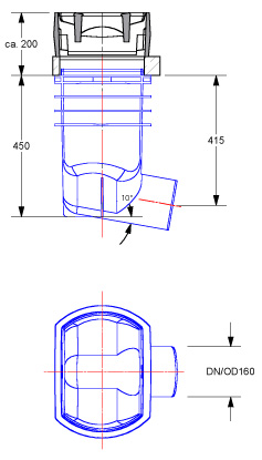 Straßenablauf Boden mit Auslauf DN160 Romold GRI 40.50.30.15/45BI, 300x500mm