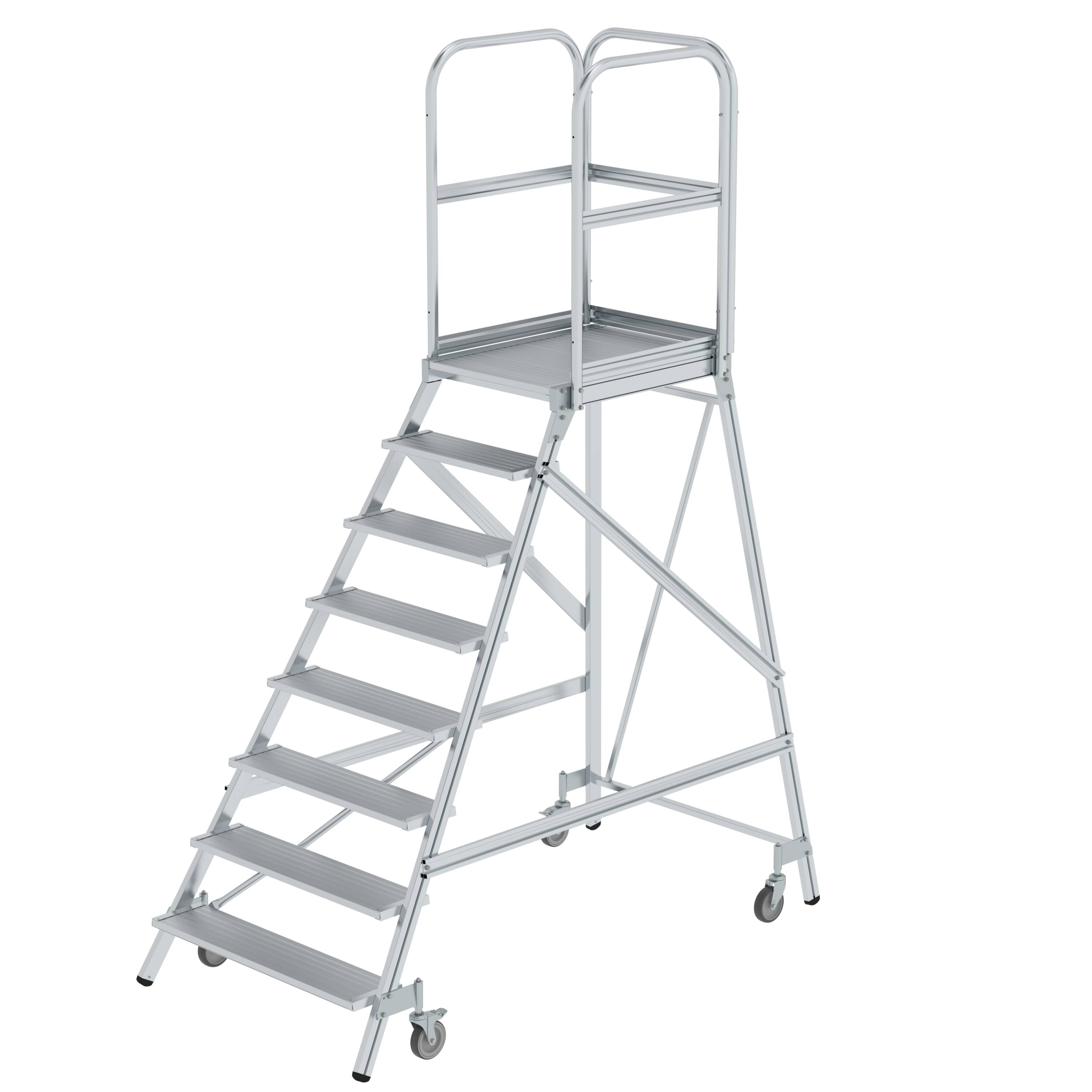 MUNK Podesttreppe einseitig begehbar mit Federrollen Aluminium geriffelt