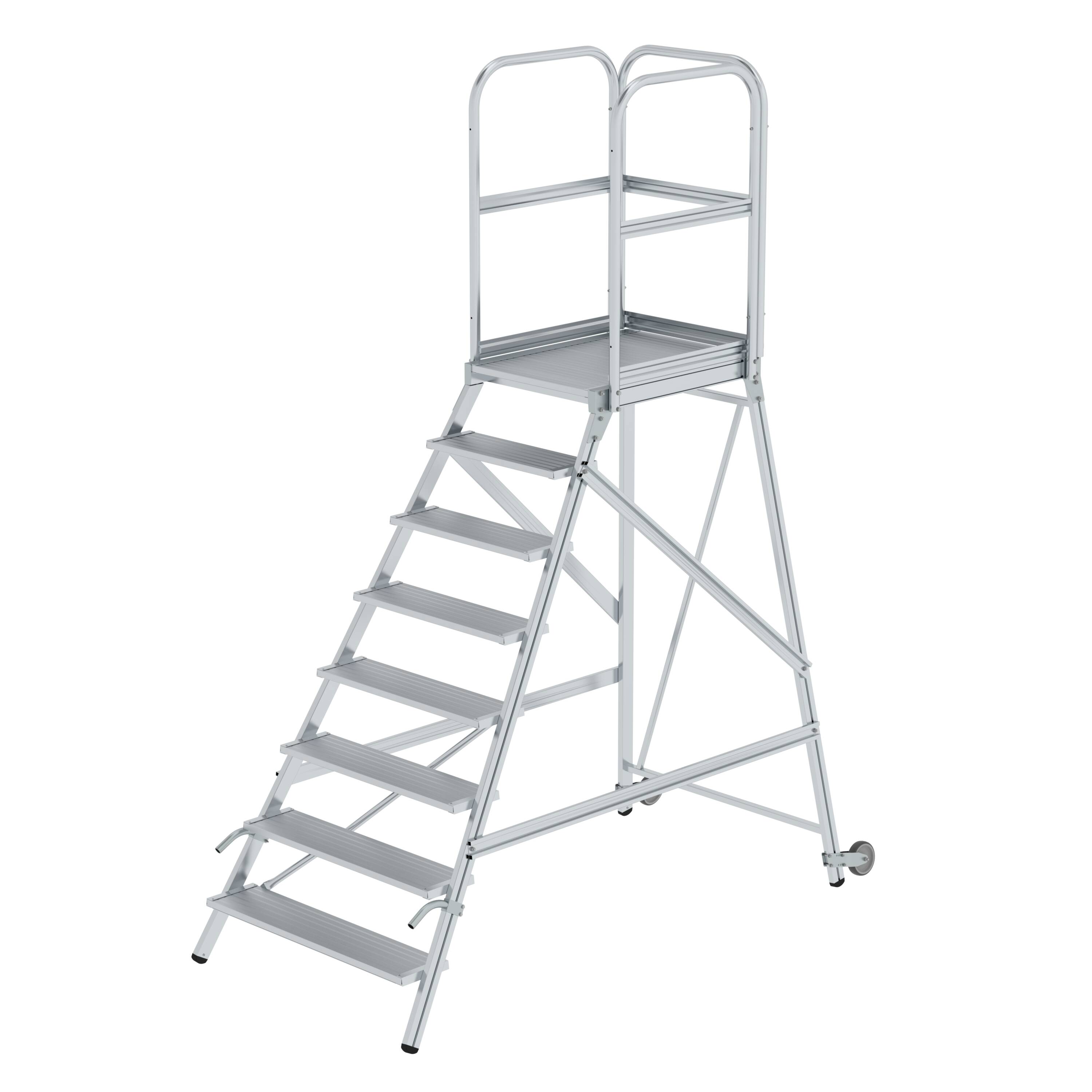 MUNK Podesttreppe einseitig begehbar mit Rollen und Griffen Aluminium geriffelt